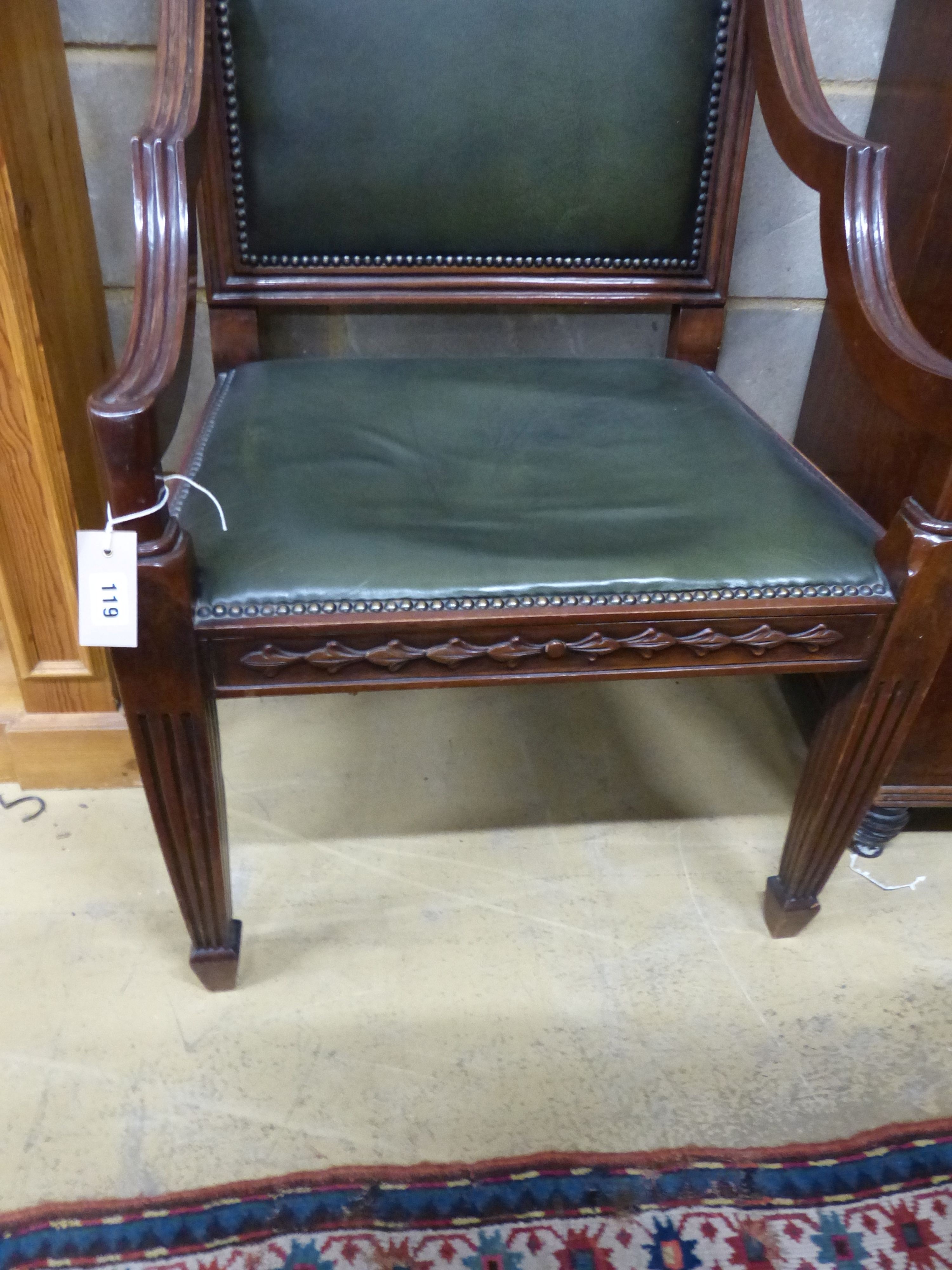 A George III style mahogany desk chair, W.57cm D.58cm H.92cm